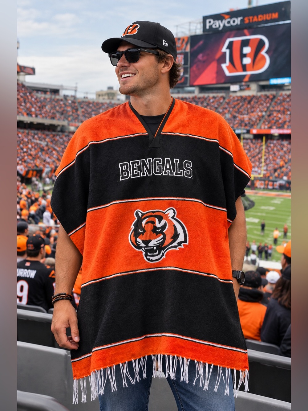 NFL Poncho Blanket Cincinnati Bengals Acrylic Cotton Made in Mexico